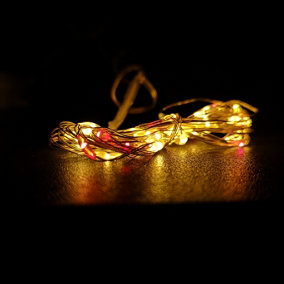 50 LED 2.5m Premier MicroBrights Indoor Outdoor Christmas Multi Function Battery Operated Lights Timer Pin Wire Red & Vintage Gold