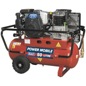 50 Litre Belt Drive Air Compressor - 4hp Petrol Engine - Twin Gauge & Air Outlet