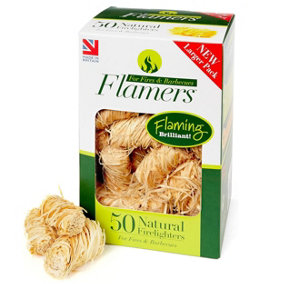 50 Natural Firelighters Flamers Wood Wool Firelighters Stoves Wood Burners BBQs