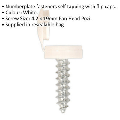 50 PACK 4.2 x 19mm White Numberplate Screw with Flip Cap - Plastic Enclosed Head