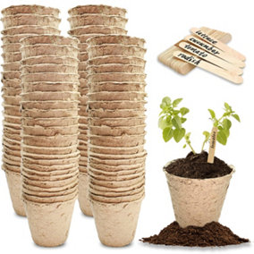 50-Pack 6cm Fibre Plant Pots with Wooden Labels - Ideal for Seedlings, Vegetables, Flowers, and Herbs