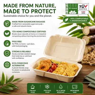 50 Pack Bagasse Takeaway Meal Boxes 9x6" Compostable Clamshell Food ...
