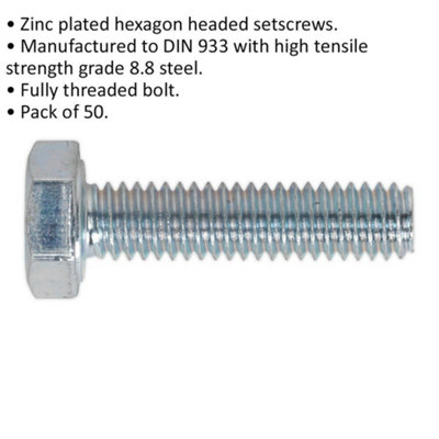 50 PACK HT Setscrew - M4 x 10mm - Grade 8.8 Zinc - Fully Threaded - DIN 933