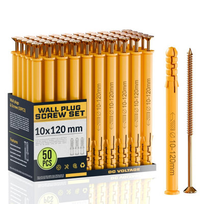 50 PCS WALL PLUGS AND SCREWS SET, 10 X 120MM MASONRY BRICK CONCRETE ...