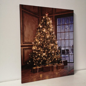 50 x 40cm Tap Activated Twinkling Fibre Optic Wall Canvas Christmas Tree Scene with Warm White LEDs
