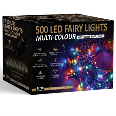 500 LED Fairy String Lights 12.5M Indoor & Outdoor Christmas Tree Lights Green Cable - Multi Colour