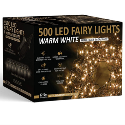 500 LED Fairy String Lights 12.5M Indoor & Outdoor Christmas Tree Lights Green Cable - Warm White