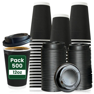 500 X 12oz Black Ripple Disposable Coffee Cups with Lids Insulated ...