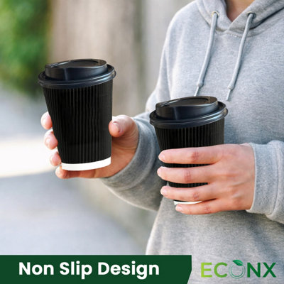 500 X 12oz Black Ripple Disposable Coffee Cups with Lids Insulated ...