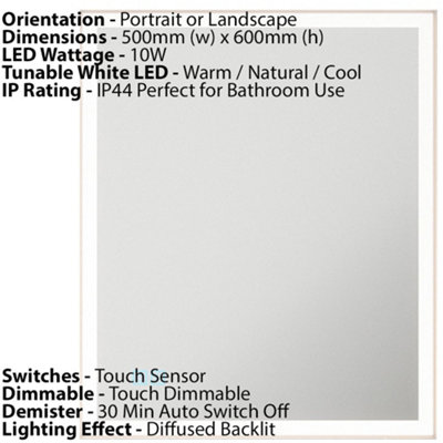 500 x 600mm IP44 LED Bathroom Mirror with Demister and Tunable White Light