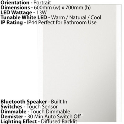 500 x 700mm LED Bathroom Mirror with Bluetooth Speaker - IP44 Demister ...