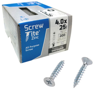Screw-Tite Pozi Countersunk Zinc Plated Screws 4mm X 25mm (8G X 1") 200 Pack from B&Q