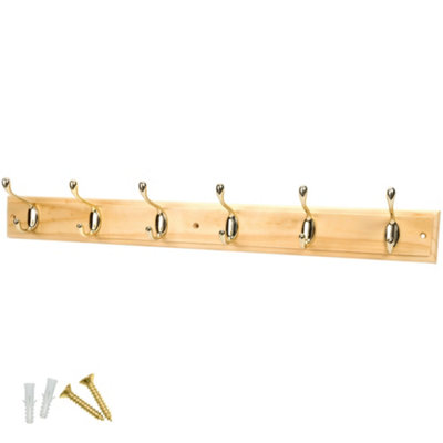 Keypak 6-Hook Wall-Mounted Coat Rack68CmPine Wood Effect BoardPolished Brass Coat HooksFixings Included from B&Q