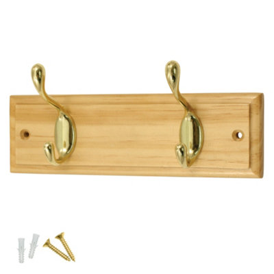 Keypak 2-Hook Wall-Mounted Coat Rack22.5CmPine Wood Effect BoardPolished Brass Coat HooksFixings Included from B&Q