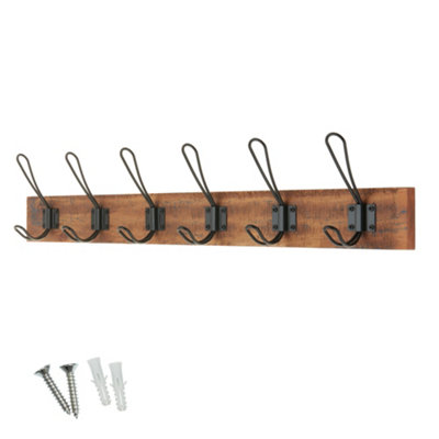Keypak Wall Mounted Coat RackRustic & Industrial Decor6 Double-Wire Coat Hooks On 68Cm Wooden BaseFixings Included from B&Q