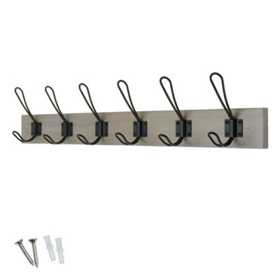 Keypak Rustic Wall Mounted Coat RackVintage Double Wire Coat Hooks On Wooden BaseFixings Included (6 HooksLight Grey Ash) from B&Q