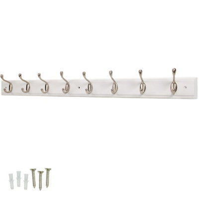 Keypak 8 Hook Wall Mounted Coat Rack Satin Nickel Double Hooks  84Cm White Board Ideal For BedroomsHallways & Office from B&Q
