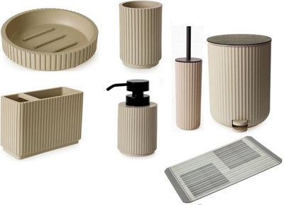 7 Pieces Textured Edge Bathroom Accessories Organiser Set - Almond