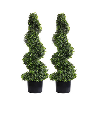  - Pair Of 3Ft Artificial Topiary Spiral With Pot Garden Indoor Outdoor Wall Door Decoration Plant Potted Weatherproof Trees 90Cm