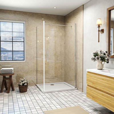 SLINE 800X700X1850mm Frameless Pivot Shower Door With Side Panel With 800X700mm Shower Tray from B&Q