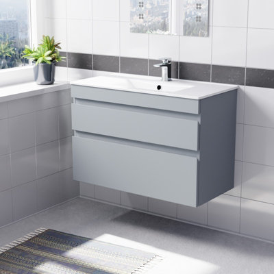 B&Q -  800mm Matte Grey Wall Hung 2 Drawers Handleless Slim Basin Vanity Unit