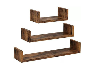  - Set Of 3 U-Shaped Wooden Wall Mounted Floating Display Shelves Decorative & Creative Office Living Room Bedroom Load 5Kg Walnut