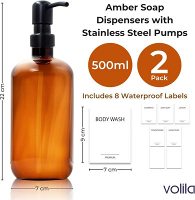 500ml Amber Glass Soap Dispenser Set with Pump for Hand Soap 2 Pack Refillable Bottles for Bathroom & Kitchen