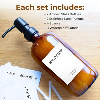 500ml Amber Glass Soap Dispenser Set with Pump for Hand Soap 2 Pack Refillable Bottles for Bathroom & Kitchen - 3