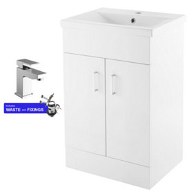 500mm Bathroom Vanity Unit White Cloakroom Two Door Basin Sink Cabinet & Chrome Tap Set