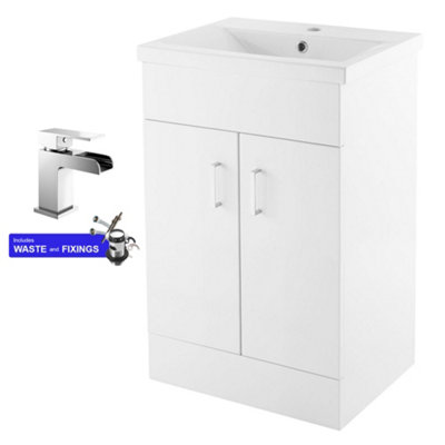 500mm Bathroom Vanity Unit White Cloakroom Two Door Basin Sink Cabinet & Chrome Tap Set