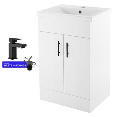 500mm Bathroom Vanity Unit White Cloakroom Two Door Basin Sink Cabinet with Black Handles & Matt Black Tap Set