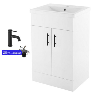 500mm Bathroom Vanity Unit White Cloakroom Two Door Basin Sink Cabinet with Black Handles & Matt Black Tap Set