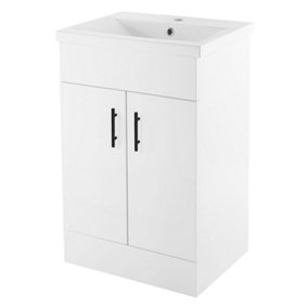500mm Bathroom Vanity Unit White Cloakroom Two Door Basin Sink Cabinet with Black Handles