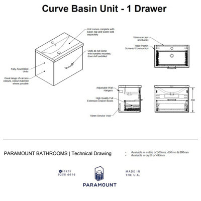 500mm Curve 1 Drawer Wall Hung Bathroom Vanity Basin Unit (Fully Assembled) - Cartmel Woodgrain Mussel