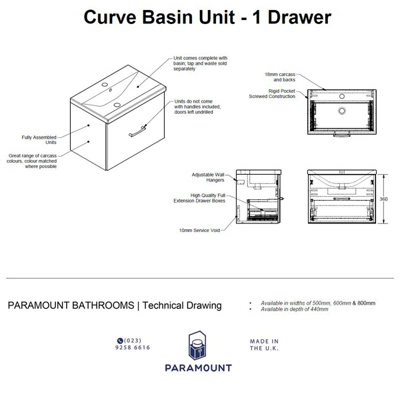 500mm Curve 1 Drawer Wall Hung Bathroom Vanity Basin Unit (Fully Assembled) - Vivo Gloss Ivory