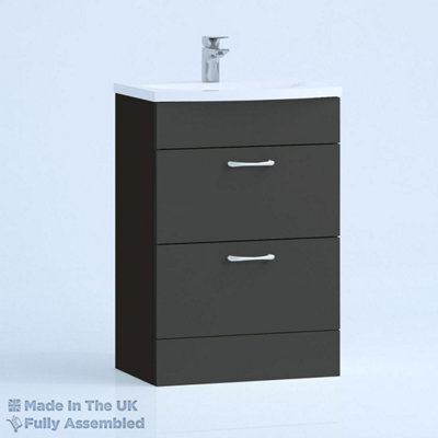 500mm Curve 2 Drawer Floor Standing Bathroom Vanity Basin Unit (Fully Assembled) - Vivo Gloss Anthracite