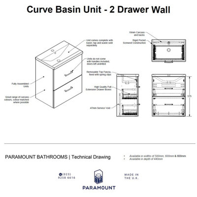 500mm Curve 2 Drawer Wall Hung Bathroom Vanity Basin Unit (Fully Assembled) - Cambridge Solid Wood Natural Oak