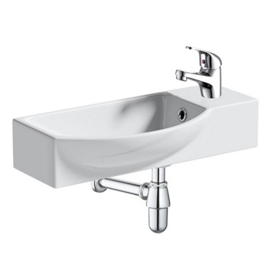 500mm Curved Wall Hung 1 Tap Hole Basin Chrome Dom Tap & Bottle Trap Waste