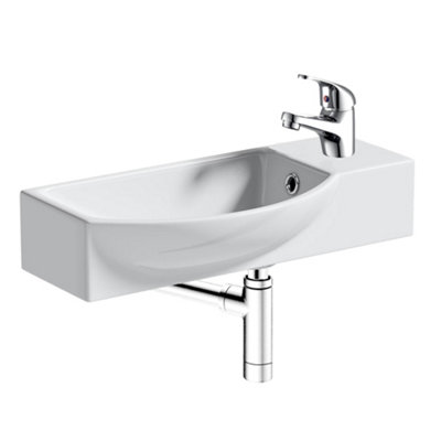 500mm Curved Wall Hung 1 Tap Hole Basin Chrome Dom Tap & Minimalist Bottle Trap Waste