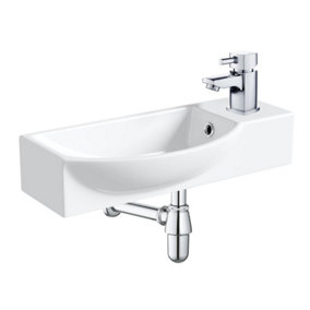 500mm Curved Wall Hung 1 Tap Hole Basin Chrome Hero Tap & Bottle Trap Waste