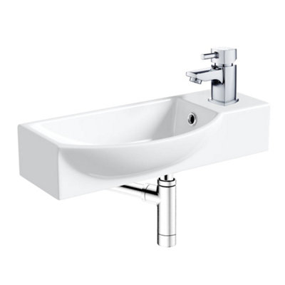 500mm Curved Wall Hung 1 Tap Hole Basin Chrome Hero Tap & Minimalist Bottle Trap Waste