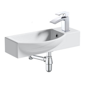 500mm Curved Wall Hung 1 Tap Hole Basin Chrome Lucia Waterfall Tap & Bottle Trap Waste