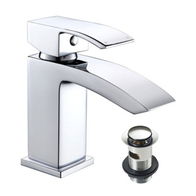 500mm Curved Wall Hung 1 Tap Hole Basin Chrome Lucia Waterfall Tap & Minimalist Bottle Trap Waste - 3