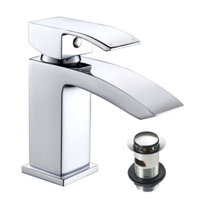 500mm Curved Wall Hung 1 Tap Hole Basin Chrome Lucia Waterfall Tap & Minimalist Bottle Trap Waste
