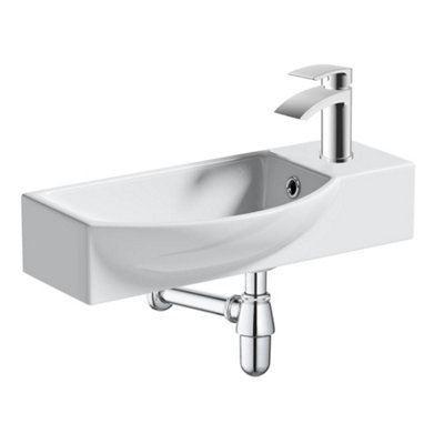 500mm Curved Wall Hung 1 Tap Hole Basin Chrome Sleek Waterfall Tap & Bottle Trap Waste