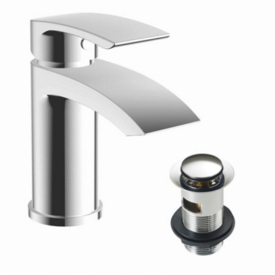 500mm Curved Wall Hung 1 Tap Hole Basin Chrome Sleek Waterfall Tap & Bottle Trap Waste - 3