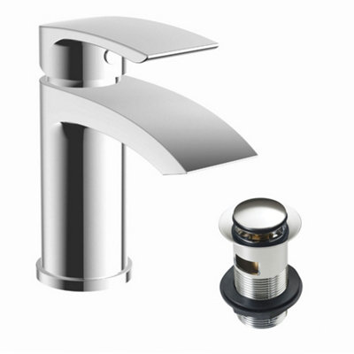 500mm Curved Wall Hung 1 Tap Hole Basin Chrome Sleek Waterfall Tap & Bottle Trap Waste