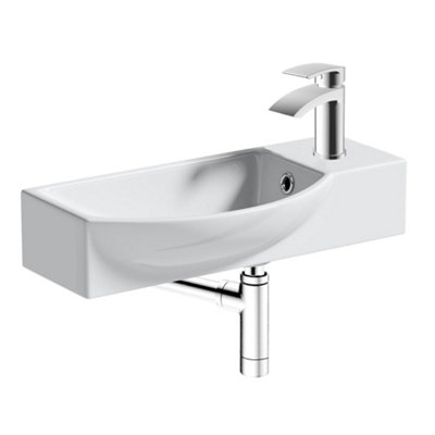 500mm Curved Wall Hung 1 Tap Hole Basin Chrome Sleek Waterfall Tap & Minimalist Bottle Trap Waste