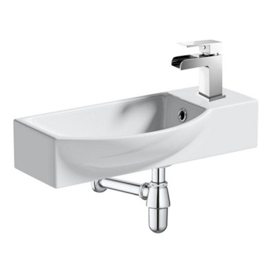 500mm Curved Wall Hung 1 Tap Hole Basin Chrome Waterfall Tap & Bottle Trap Waste