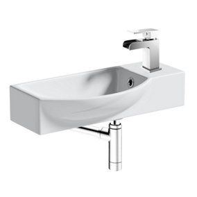 500mm Curved Wall Hung 1 Tap Hole Basin Chrome Waterfall Tap & Minimalist Bottle Trap Waste